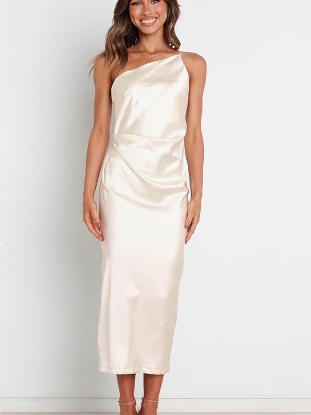 Women’s Cream Satin One-Shoulder Midi Dress